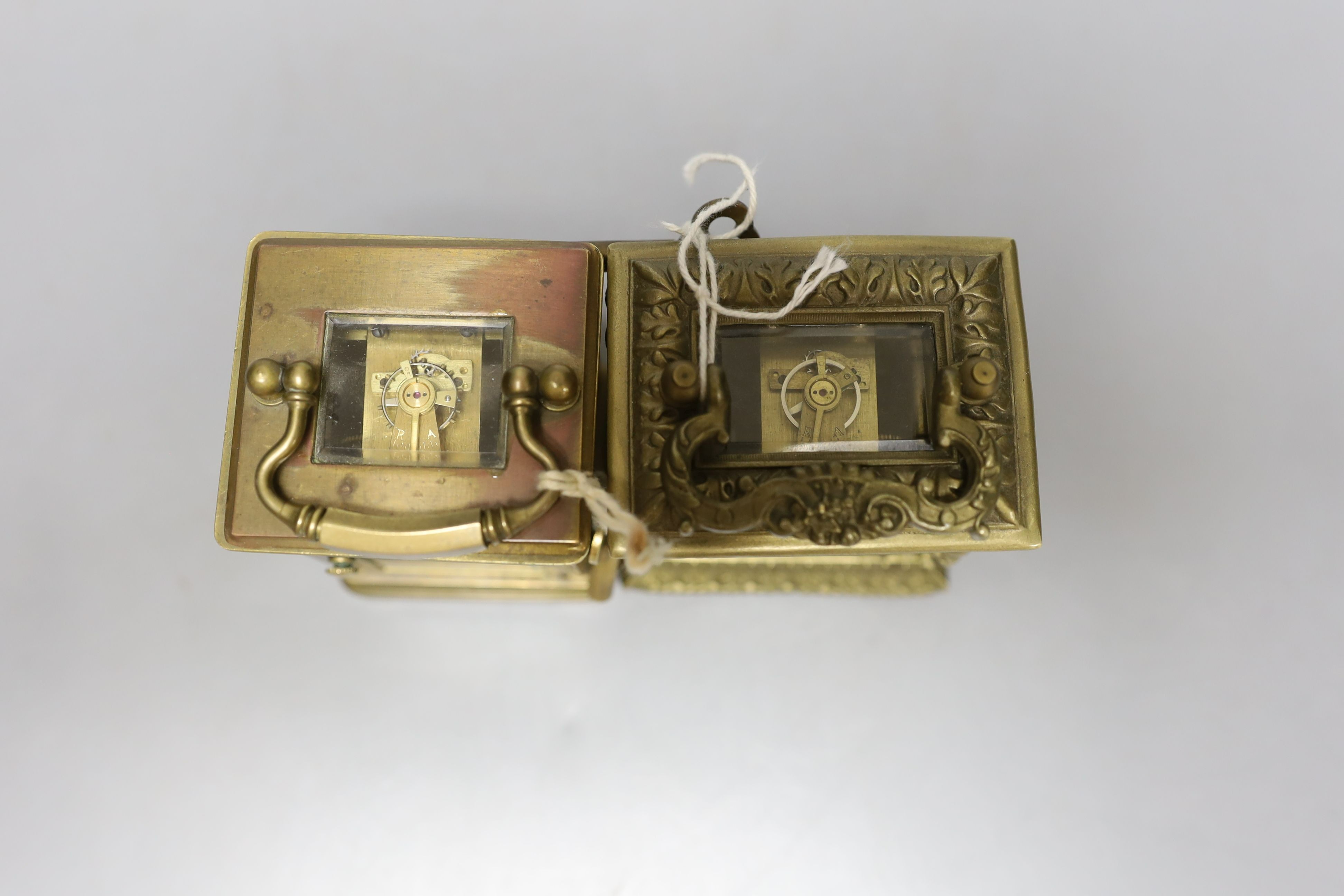 Two small reproduction brass and enamel and brass and cloisonné carriage timepieces, largest 8 cms high.